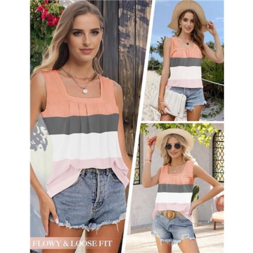 Summer Tank Tops for Women Loose Fit Pleated Square Neck Sleeveless Tops Flowy - Picture 4 of 9